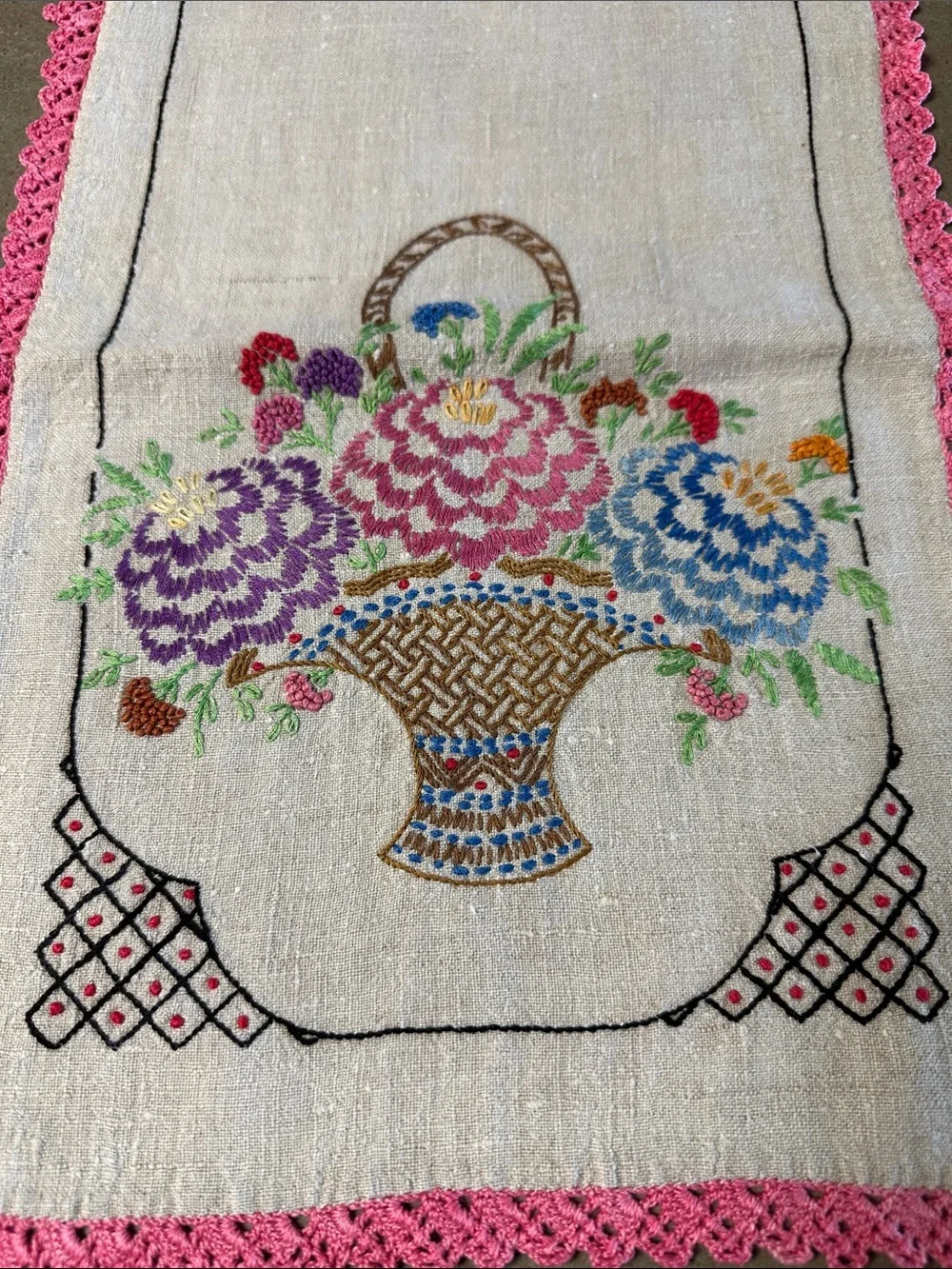Vintage Hand-Embroidered Linen Floral Basket Table Runner - Pink Trim 38”
